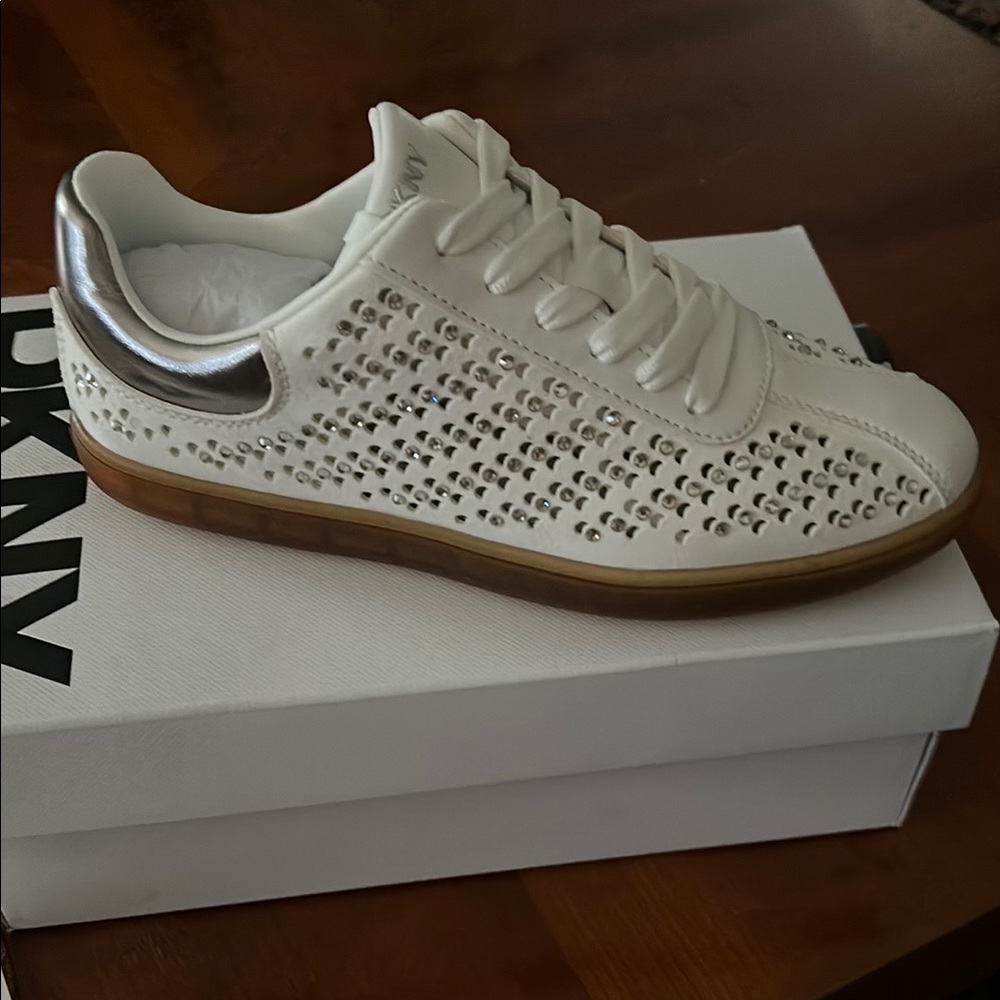 DKNY White and Silver Sneakers with Perforated Design